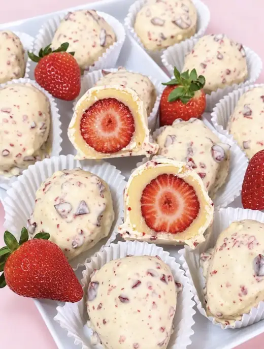 Morangos cravejados em forminhas brancas